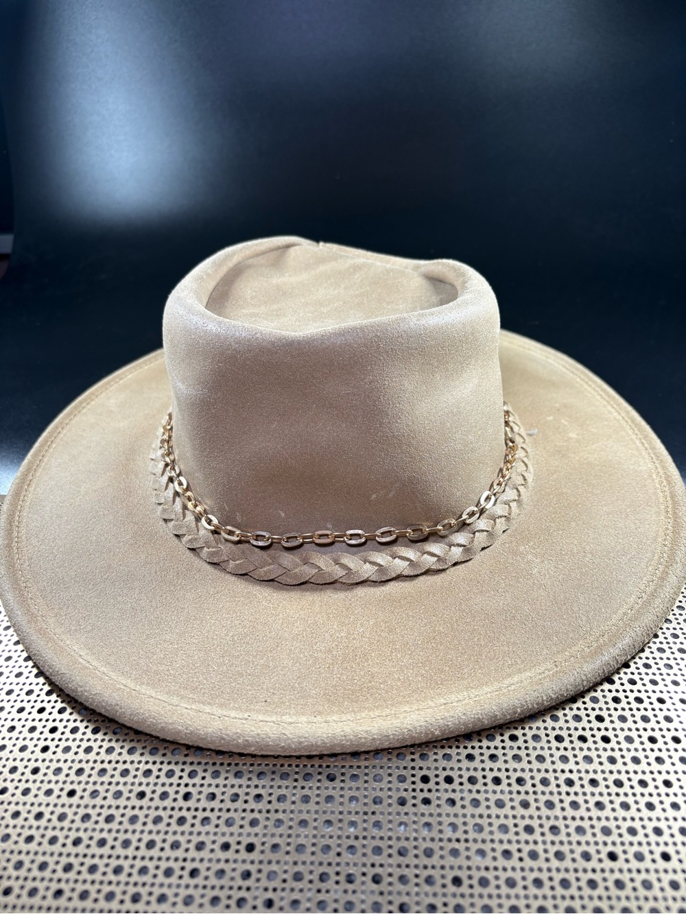 Minnetonka Taupe Wide Brim Fedora with Braided & Chain Trim